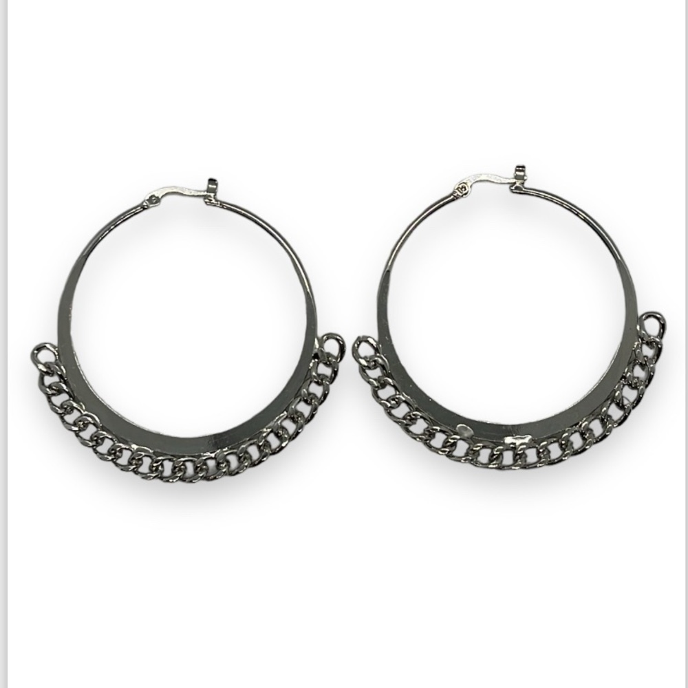 Silver Tone Hoop Earrings with Cuban Chain Lever Back